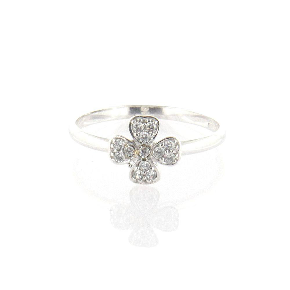 Anello Bambina Quadrifoglio in Oro Bianco con Zirconi