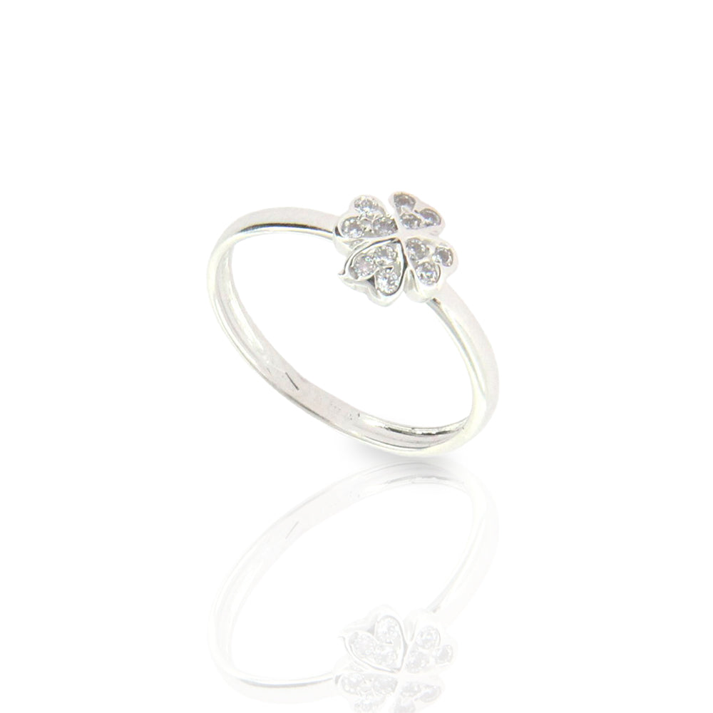 Anello Bambina Quadrifoglio in Oro Bianco con Zirconi