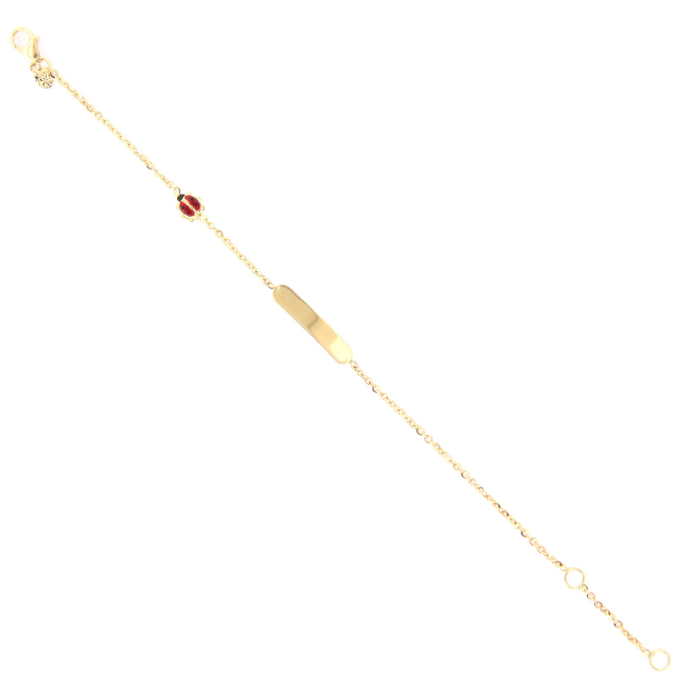 Bracciale Bambino Battesimo in Oro Giallo con Targhetta e Coccinella Smaltata
