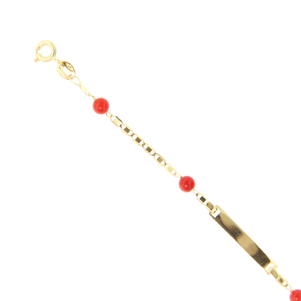 Bracciale Bambino Battesimo in Oro Giallo con Targhetta e Corallo