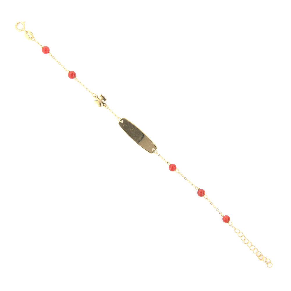 Bracciale Bambino Battesimo in Oro Giallo con Targhetta e Corallo