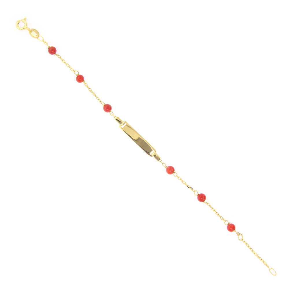 Bracciale Battesimo in Oro Giallo 9 Carati con Targhetta e Corallo