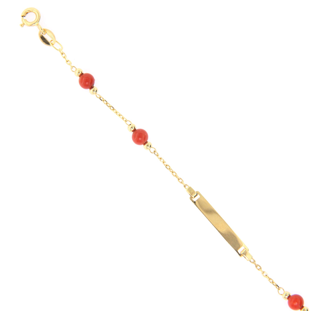Bracciale Battesimo in Oro Giallo con Targhetta e Corallo