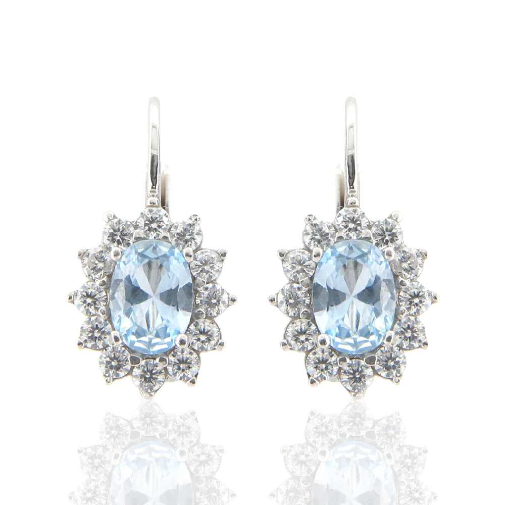 Orecchini Donna Monachella Rosetta in Oro Bianco con Zirconi e Topazio Azzurro