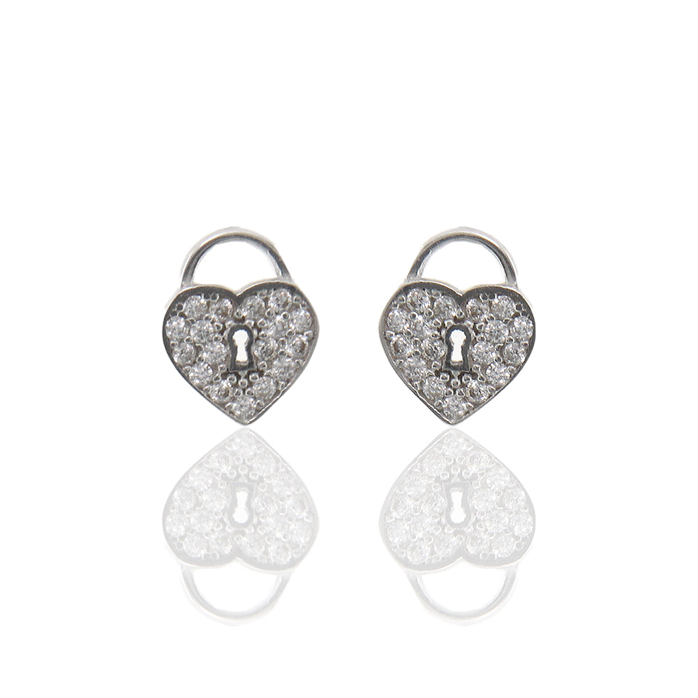 Orecchini Donna in Oro Bianco Cuore Lucchetto con Zirconi