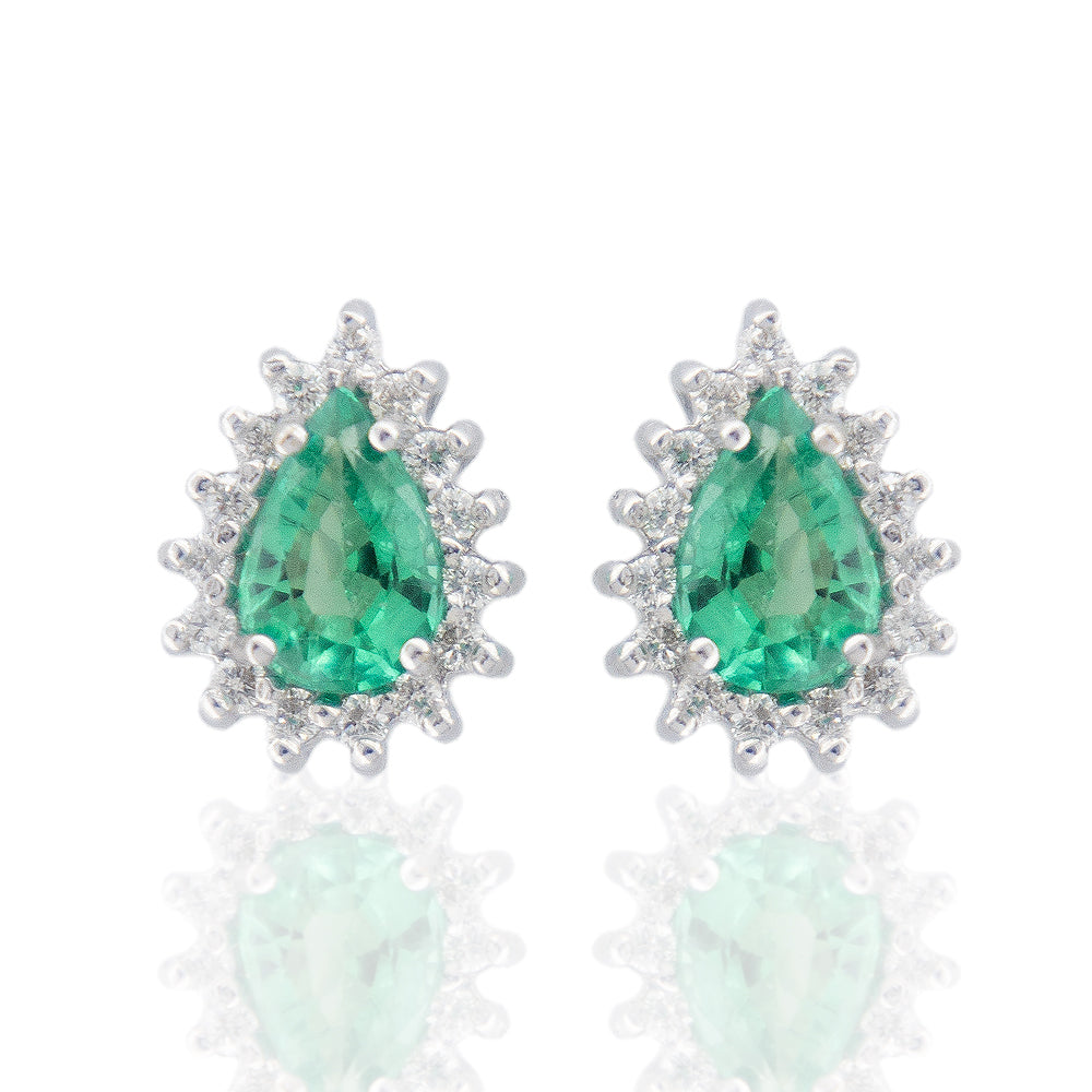 Orecchini in Oro Bianco con Smeraldo a Goccia e Diamanti