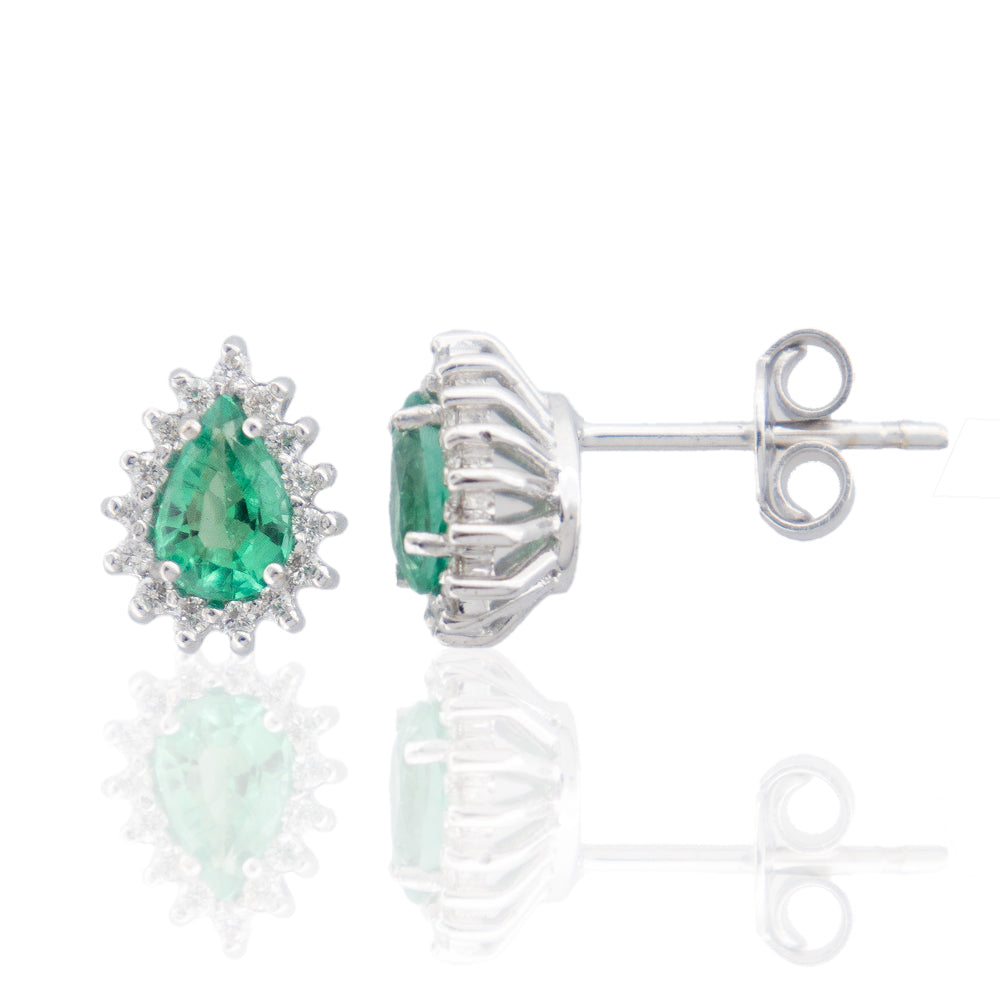 Orecchini in Oro Bianco con Smeraldo a Goccia e Diamanti