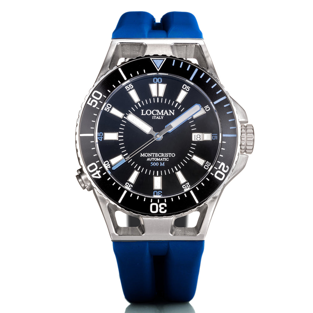 Orologio Uomo in Acciaio e Titanio Automatico Diver 500 Mt Nero cinturino Blu Montecristo Locman