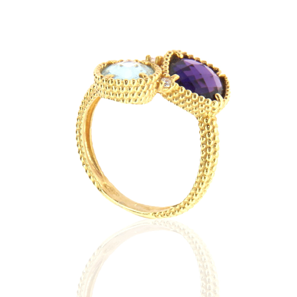 Anello Donna Contrarie in Oro Giallo con Ametista e Topazio Azzurro