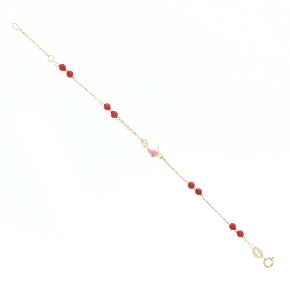 Bracciale Bambina Battesimo Delfino Smaltato in Oro con Corallo