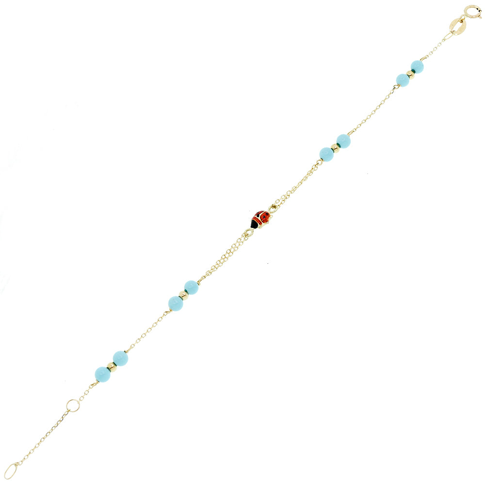 Bracciale Bambina Coccinella Smaltata in Oro Giallo e Turchese