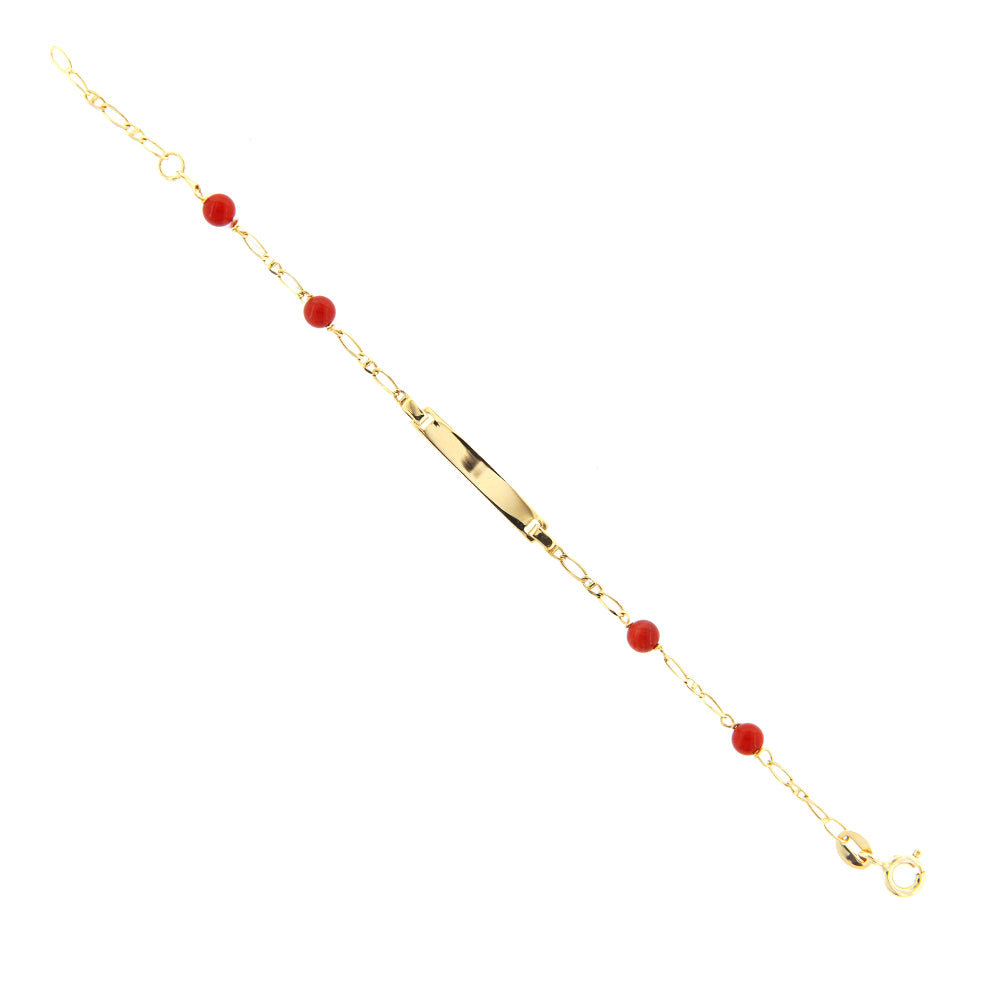 Bracciale Bambino Oro Giallo con Corallo e Targhetta