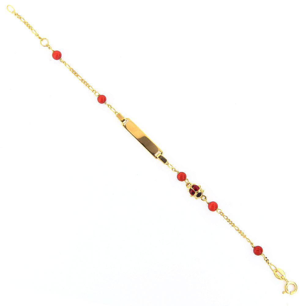 Bracciale Battesimo Bambina in Oro Giallo 9 Carati e Corallo con Targhetta e Coccinella