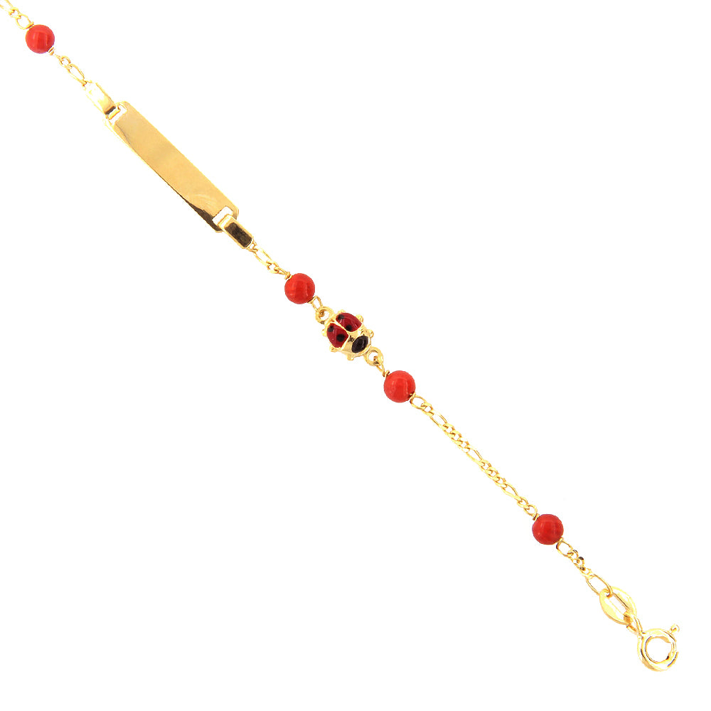 Bracciale Battesimo Bambina in Oro Giallo 9 Carati e Corallo con Targhetta e Coccinella