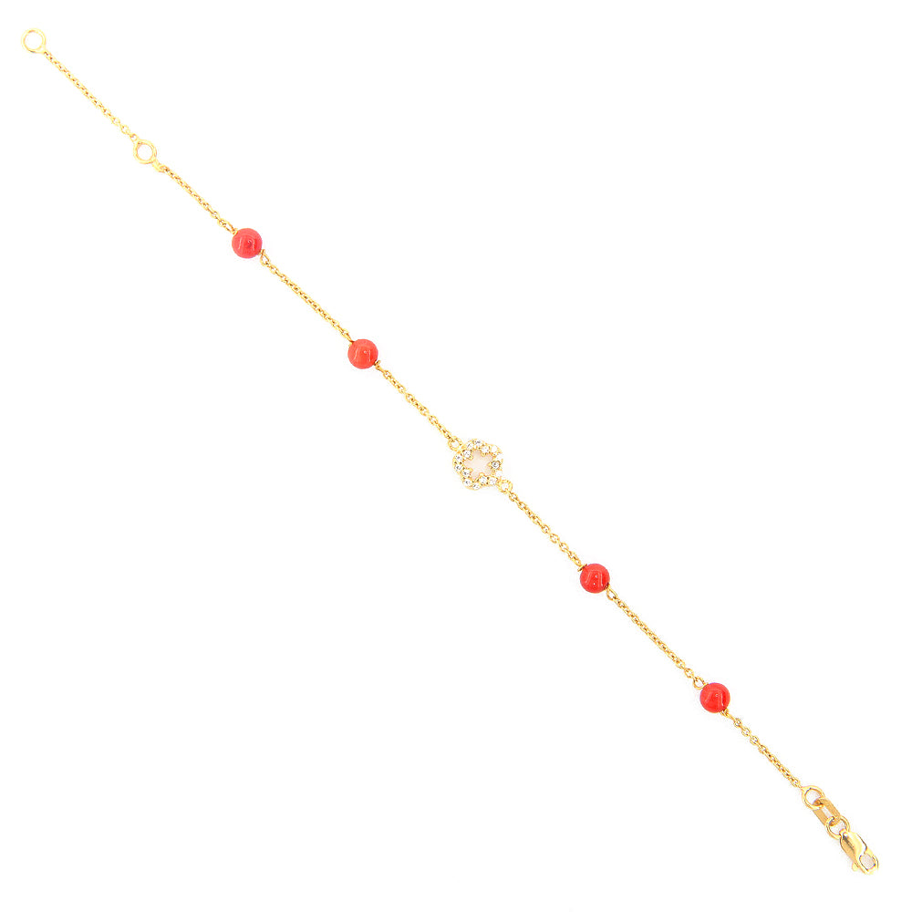 Bracciale Battesimo Bambina in Oro Giallo 9 Carati e Corallo con Zirconi e Fiore Centrale