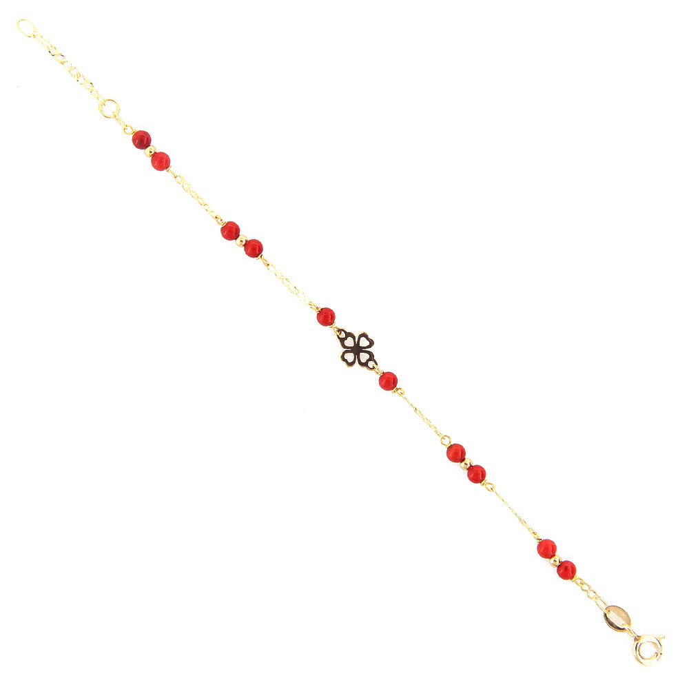 Bracciale Battesimo Bambina in Oro Giallo e Corallo con Quadrifoglio