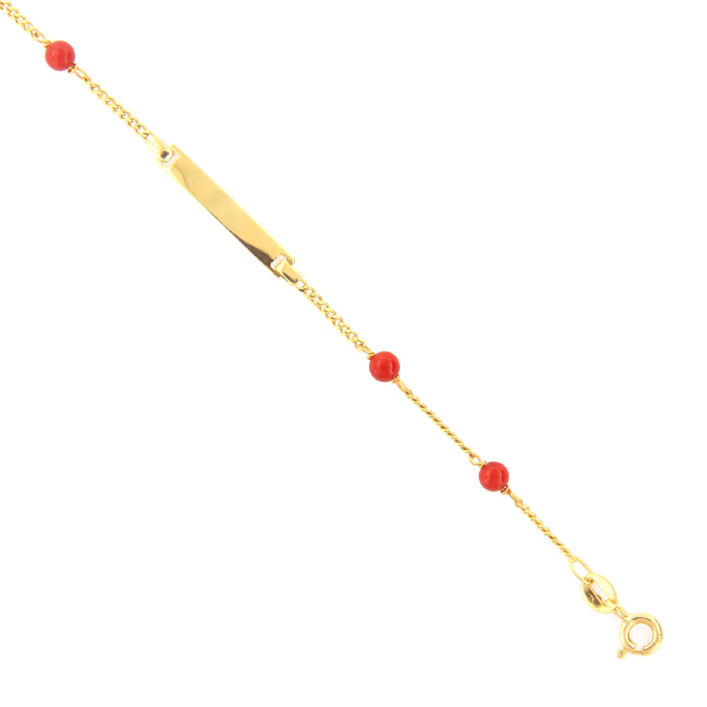 Bracciale Battesimo Bambino in Oro Giallo 9 Carati e Corallo con Targhetta