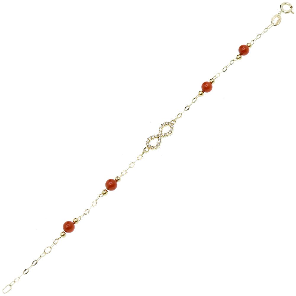 Bracciale Bambina Infinito con Zirconi in Oro Giallo e Corallo