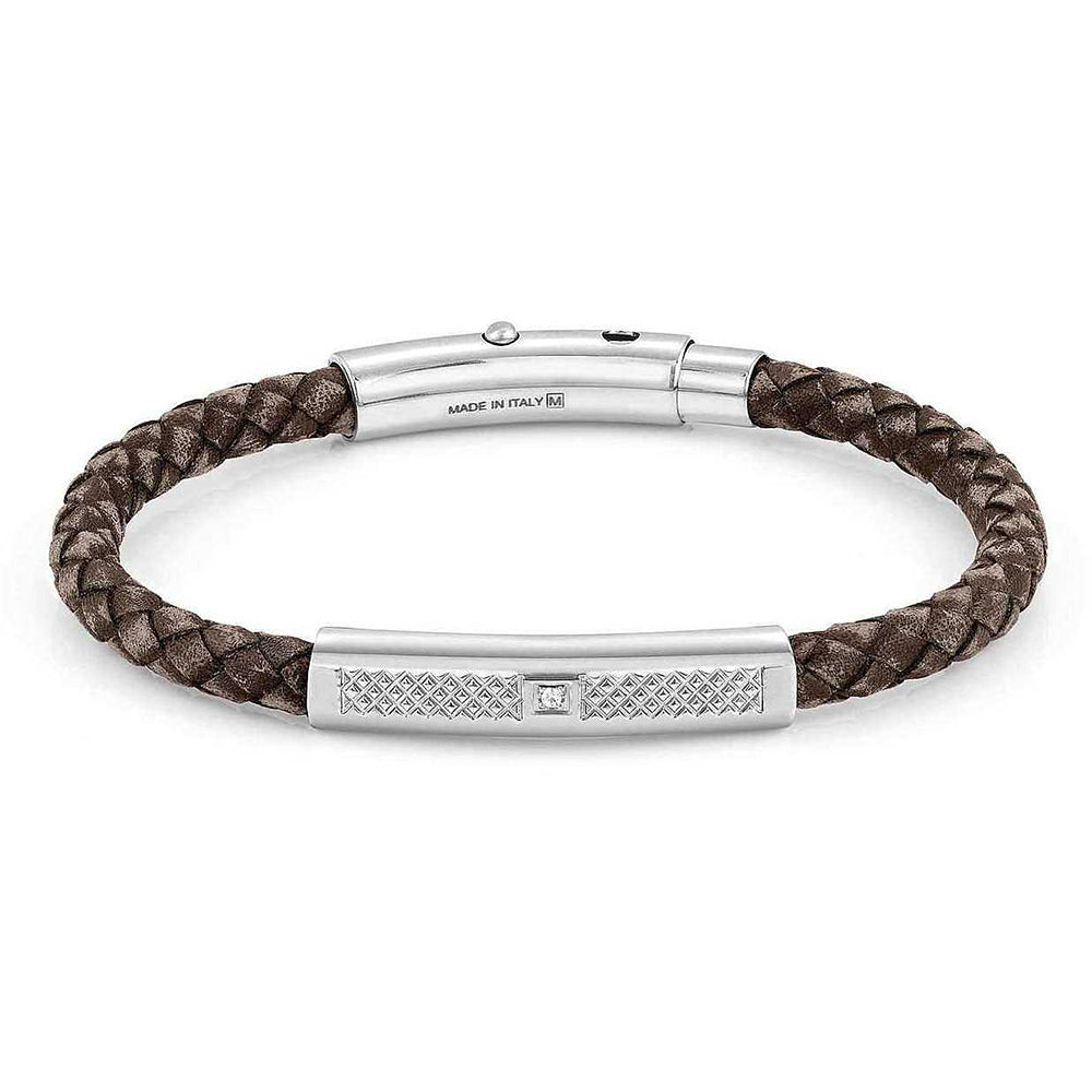 Bracciale Uomo Acciaio e Pelle Marrone con Zircone Tribe Nomination