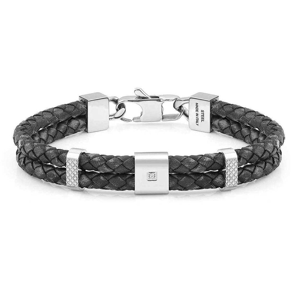 Bracciale Uomo Acciaio e Pelle Nera Doppia Corda con Zircone Tribe Nomination