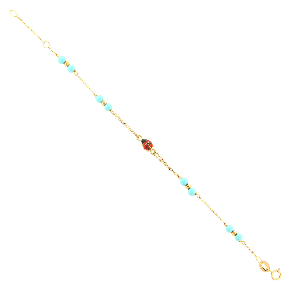 Bracciale Bambina Coccinella Smaltata in Oro Giallo e Turchese
