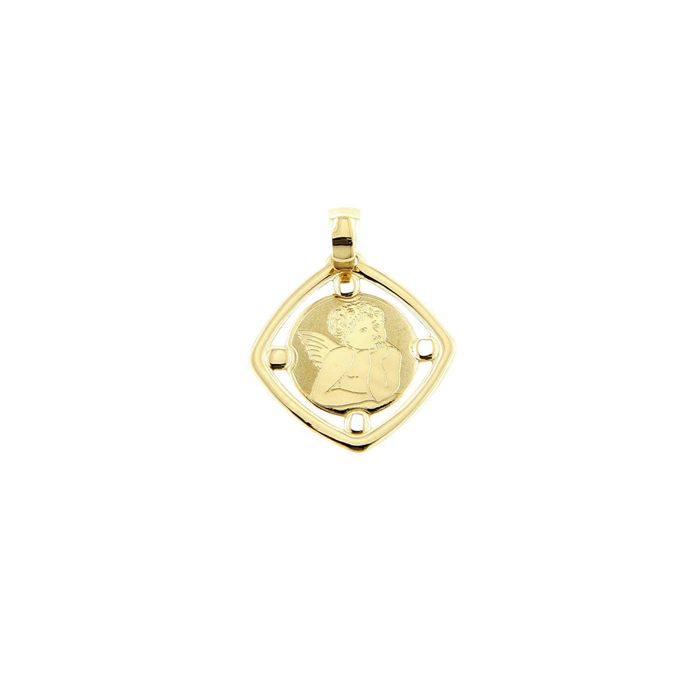 Ciondolo Medaglia Battesimo Bambino Angelo Putti in Oro Giallo