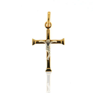 Ciondolo Unisex Croce in Oro Giallo con Cristo in Oro Bianco Lucido