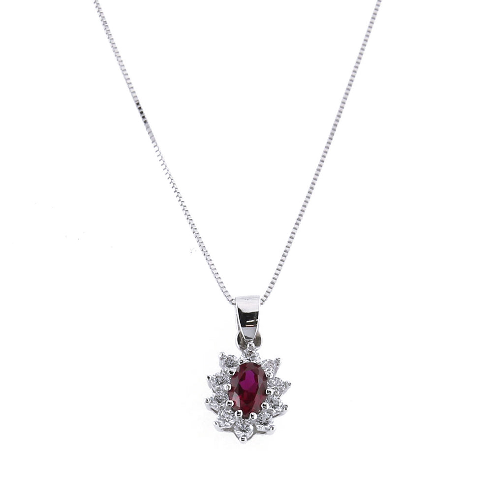 Collana Donna in Oro Bianco con Ciondolo Rosetta Rubino Sintetico e Zirconi