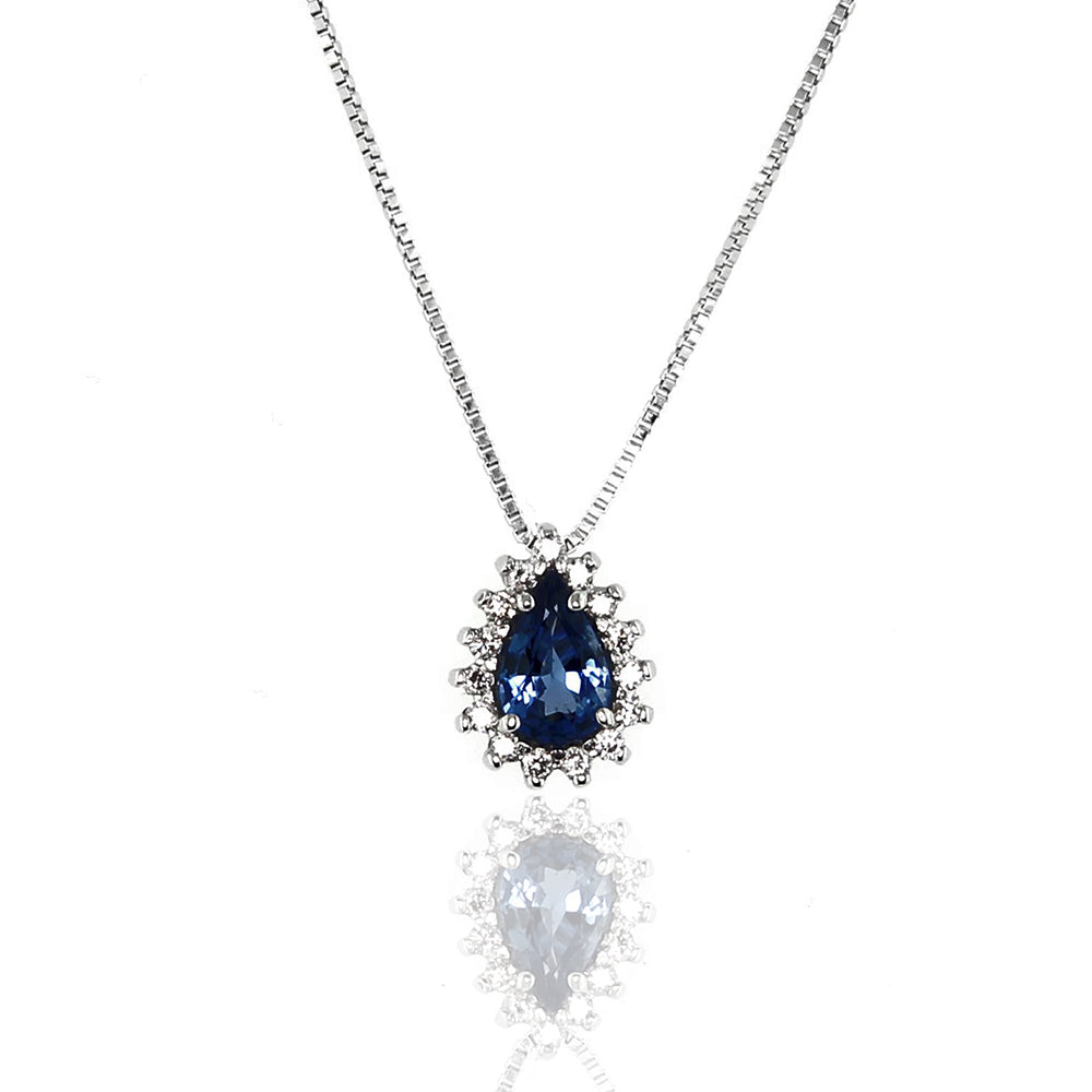 Collana Goccia Oro Bianco con Diamanti e Zaffiro Naturale