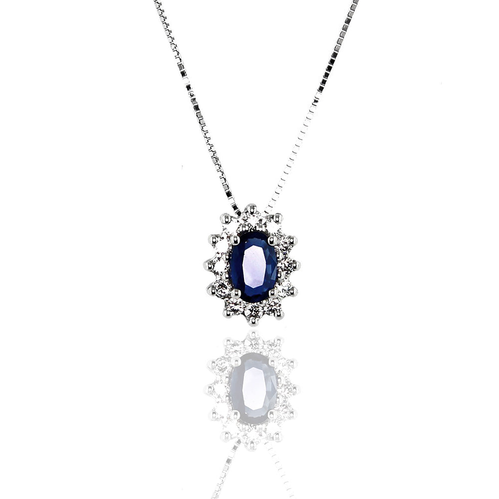 Collana Rosetta Oro Bianco con Diamanti e Zaffiro