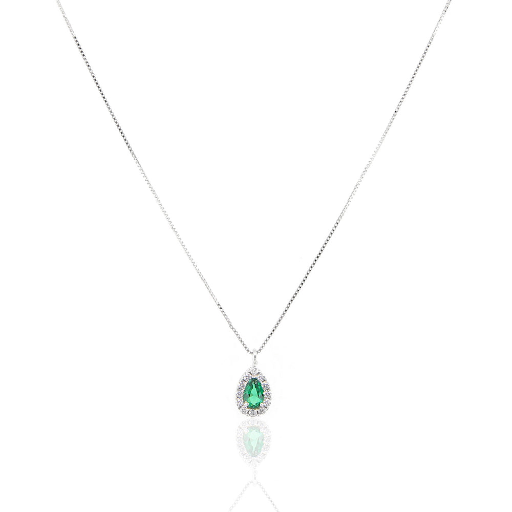 Collana Donna Goccia in Oro Bianco con Smeraldo Sintetico e Zirconi