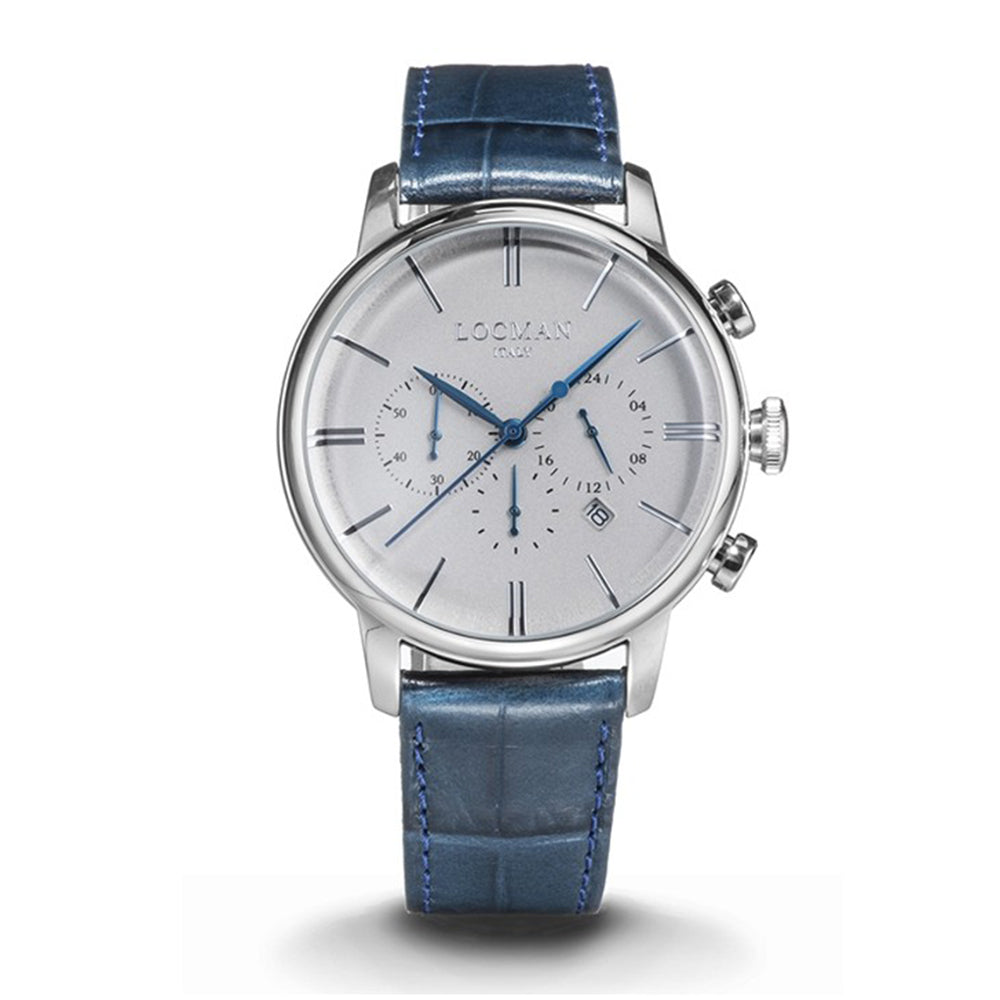 Cronografo Uomo 1960 Dolce Vita Grigio in Pelle Azzurra Locman