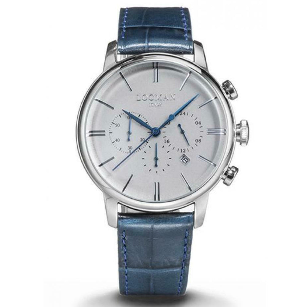 Cronografo Uomo 1960 Dolce Vita Grigio in Pelle Azzurra Locman