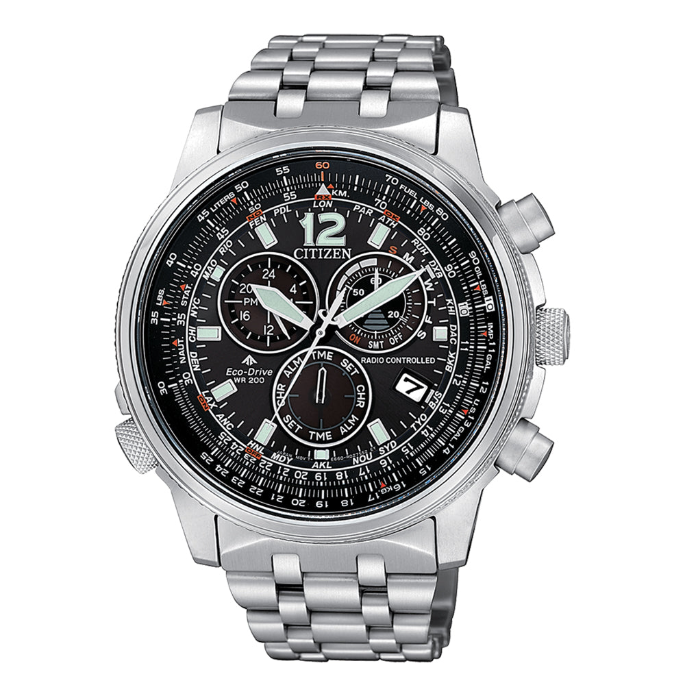 Cronografo Uomo Eco Drive Nero Radiocontrollato Crono Pilot Acciaio Citizen