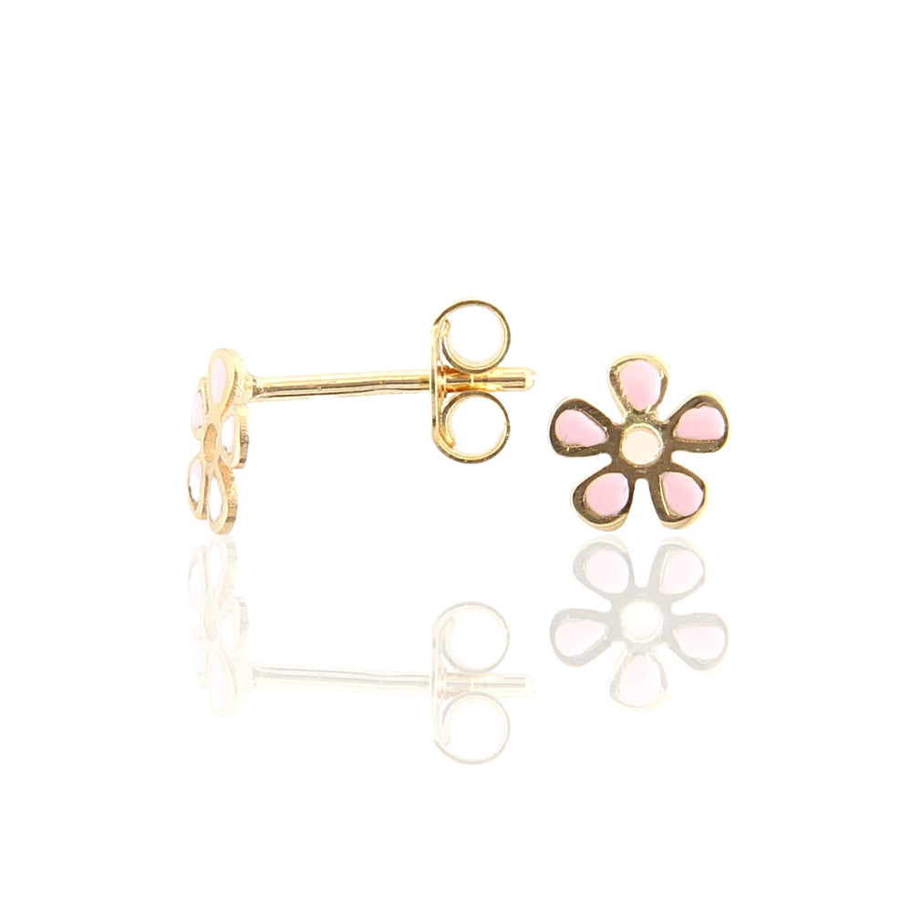 Orecchini Bambina Fiore in Oro Giallo con Smalto Rosa