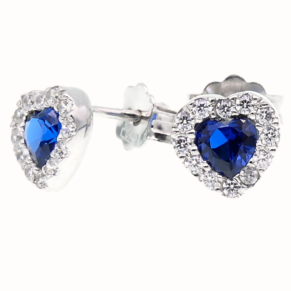 Orecchini Donna Cuore Oro Bianco con Zirconi e Zaffiro Sintetico