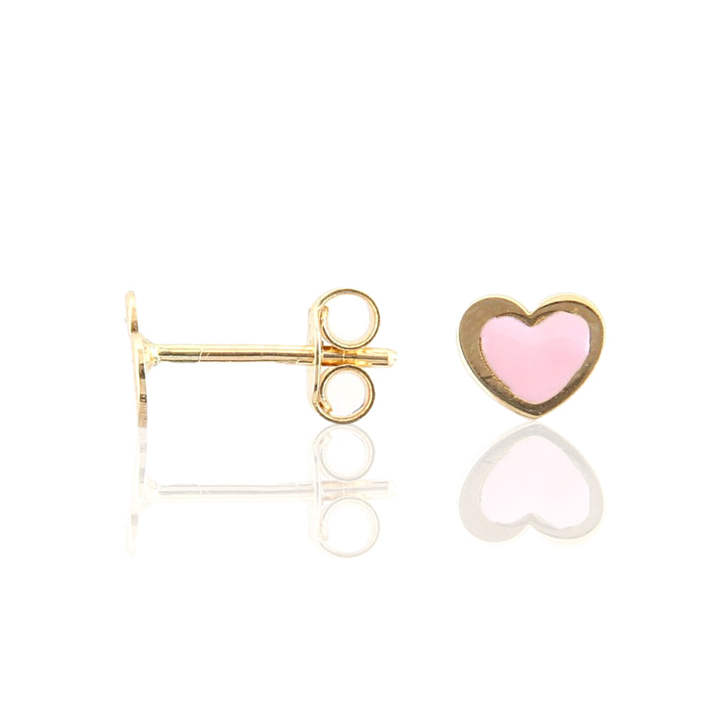 Orecchini Bambina Cuore in Oro Giallo con Smalto Rosa