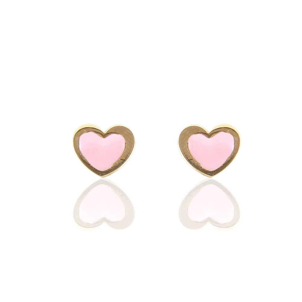 Orecchini Bambina Cuore in Oro Giallo con Smalto Rosa