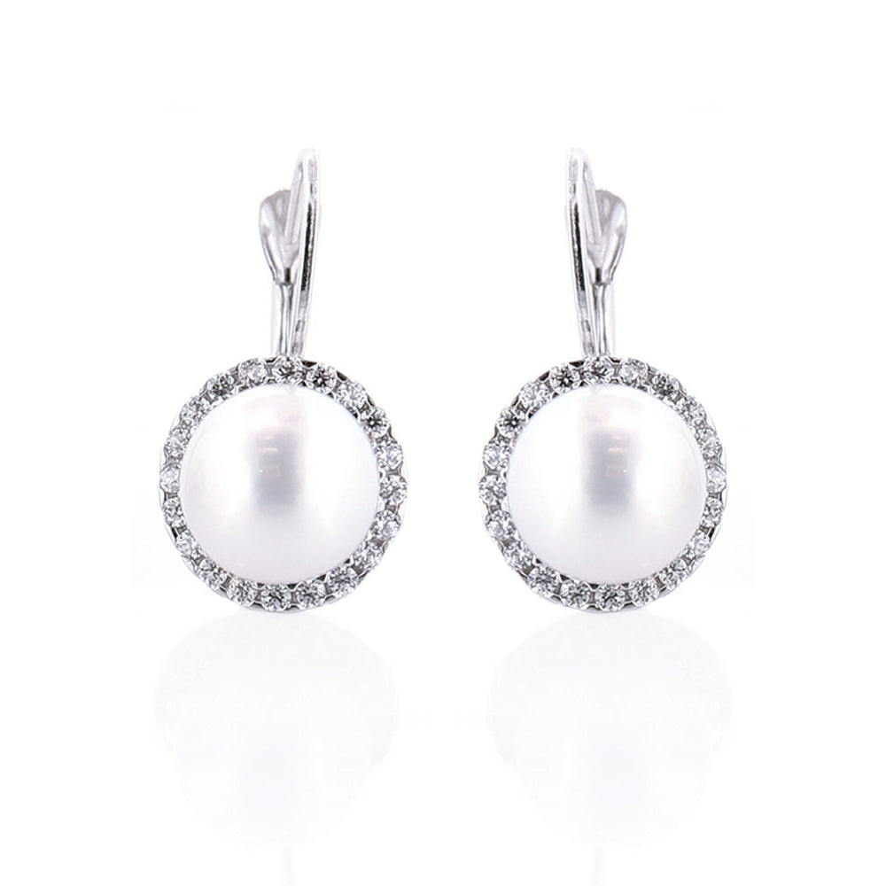 Orecchini Donna in Oro Bianco con Zirconi e Perla
