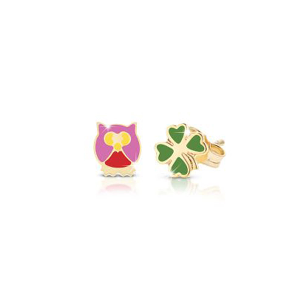 Orecchini Fortuna Oro Giallo Quadrifoglio e Civetta Le Bebè
