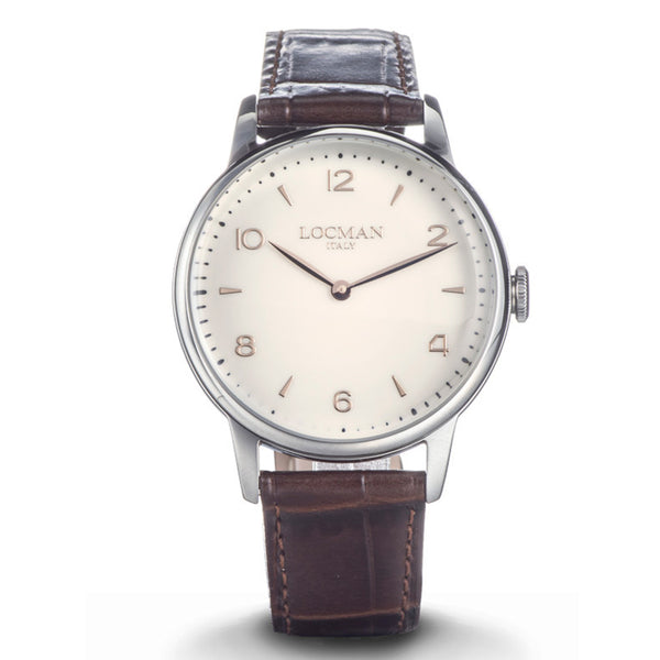 Locman 1960 Cronografo Uomo In Acciaio Con Cinturino In Pelle Marrone - Quadrante Bianco, Vetro Minerale, Quarzo, 42 Mm, 5 ATM, Cod. 0254R05R-RRAVRGPT