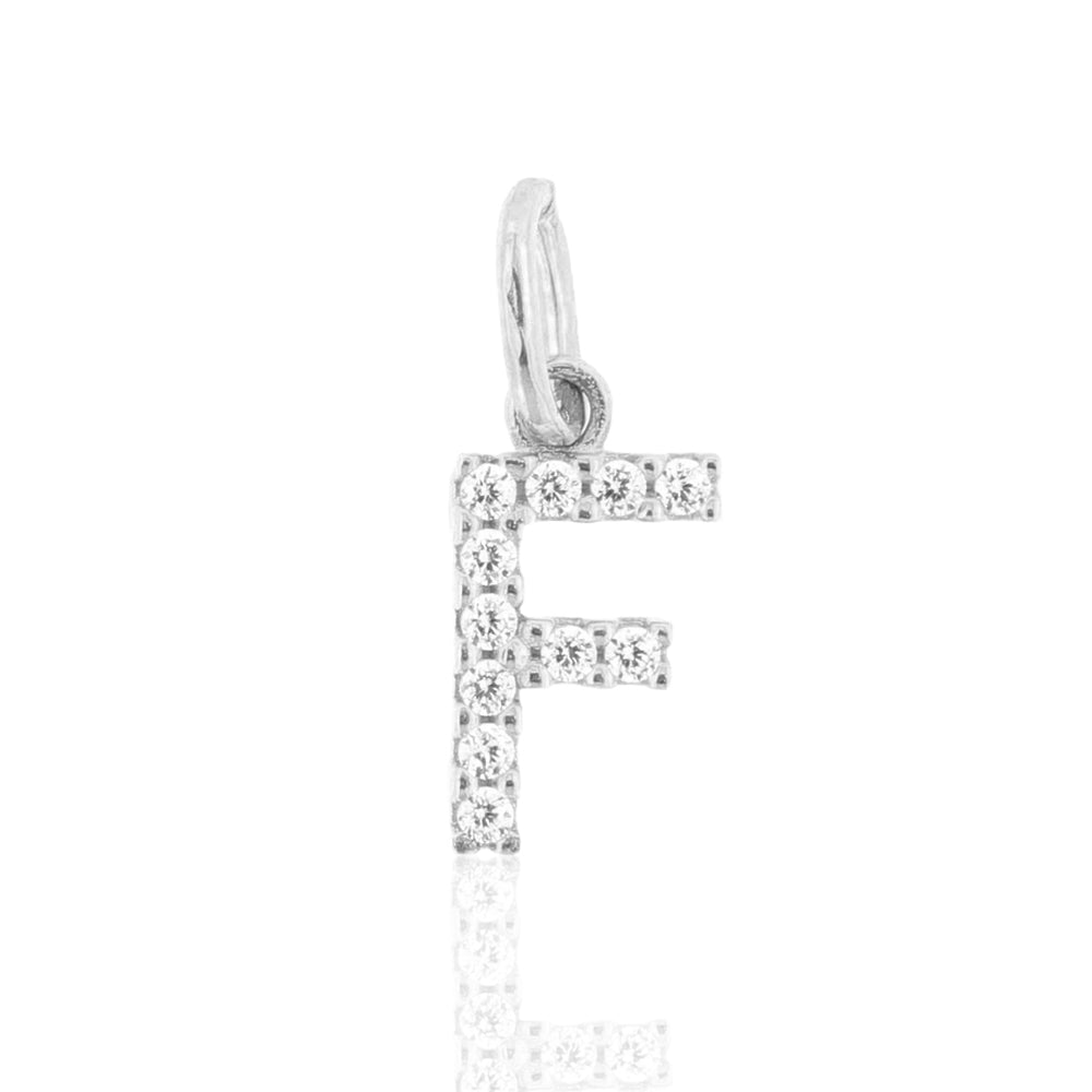 Pendente Donna Lettera F in Oro Bianco con Zirconi