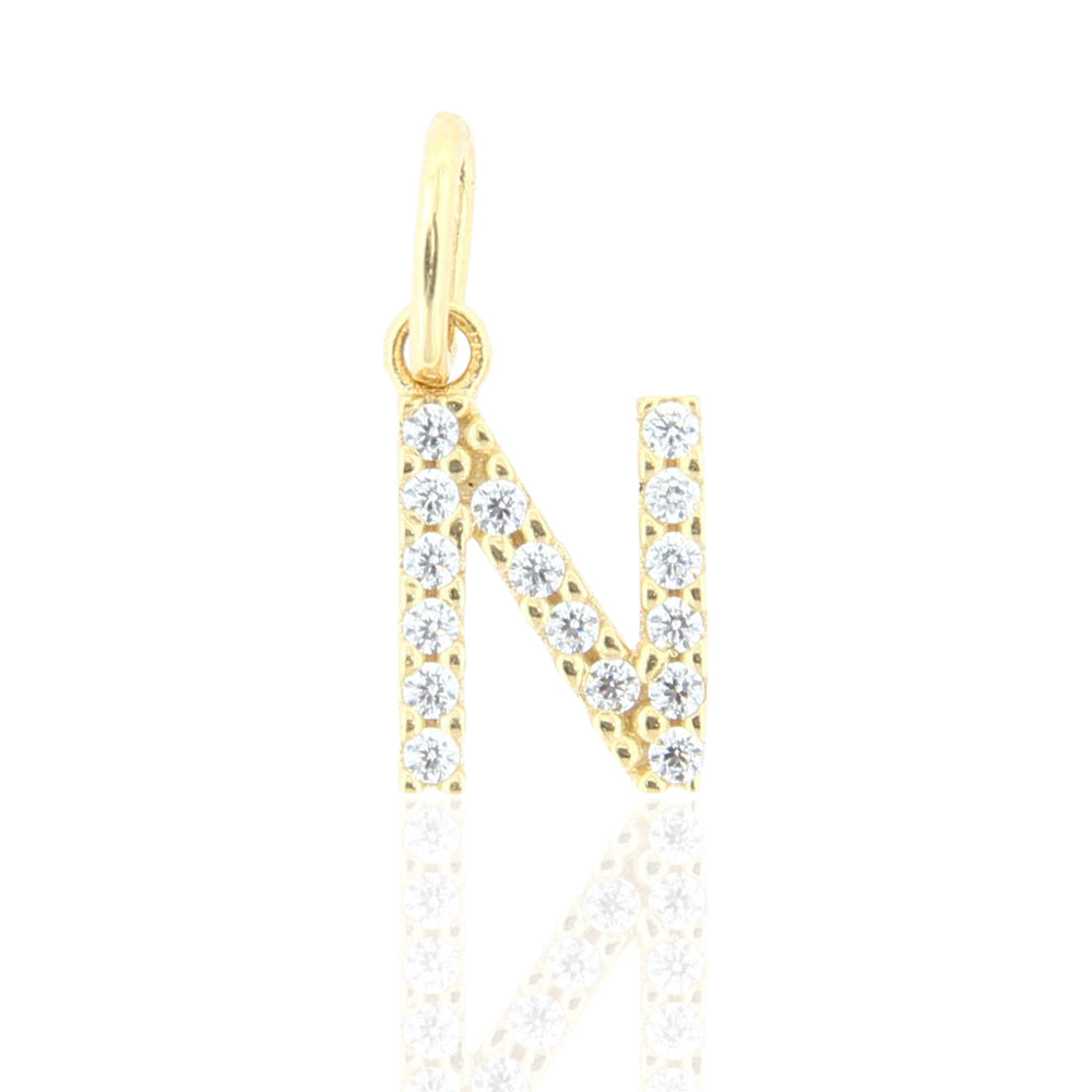 Pendente Donna Lettera N in Oro Giallo con Zirconi