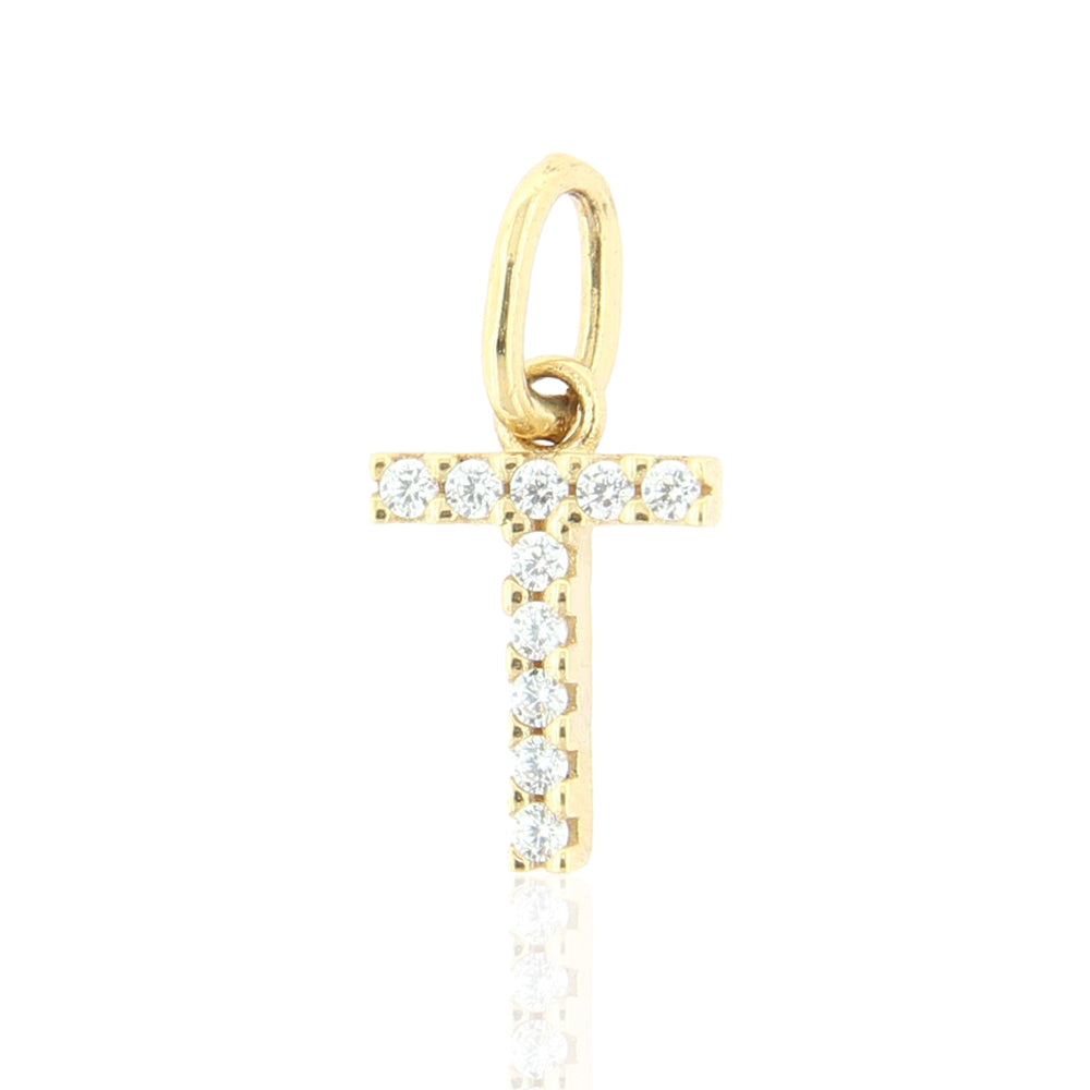 Pendente Donna Lettera T in Oro Giallo con Zirconi
