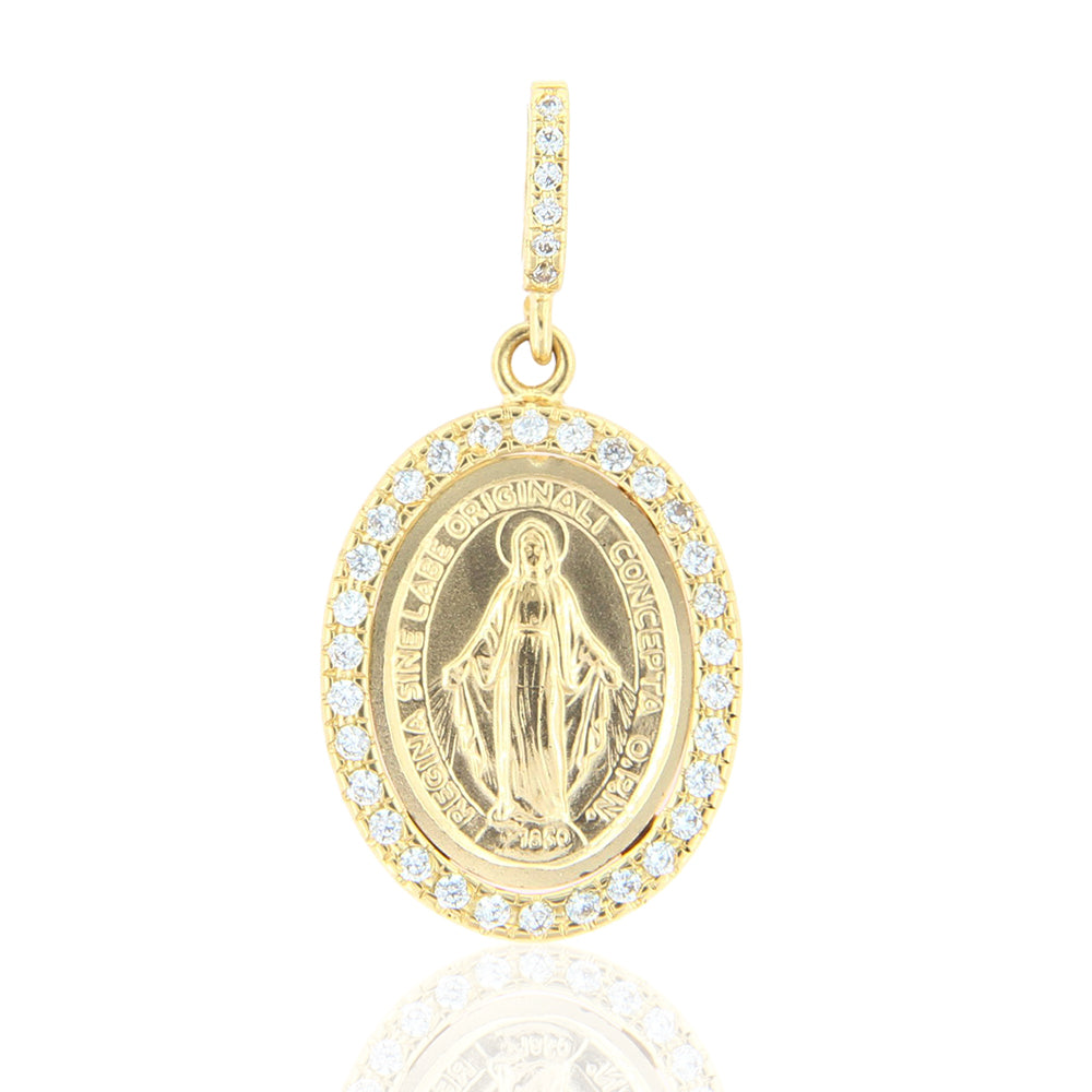 Pendente Unisex Medaglia Miracolosa in Oro Giallo con Zirconi