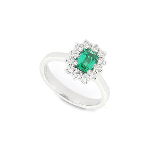 Anello Rosetta con Smeraldo in Oro Bianco e Diamanti