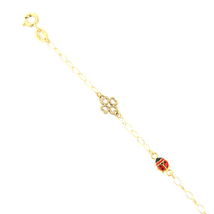 Bracciale Battesimo Bambina in Oro Giallo con Coccinella e Quadrifogli