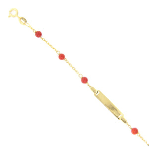 Bracciale Battesimo in Oro Giallo 9 Carati con Targhetta e Corallo