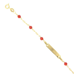 Bracciale Battesimo in Oro Giallo 9 Carati con Targhetta e Corallo