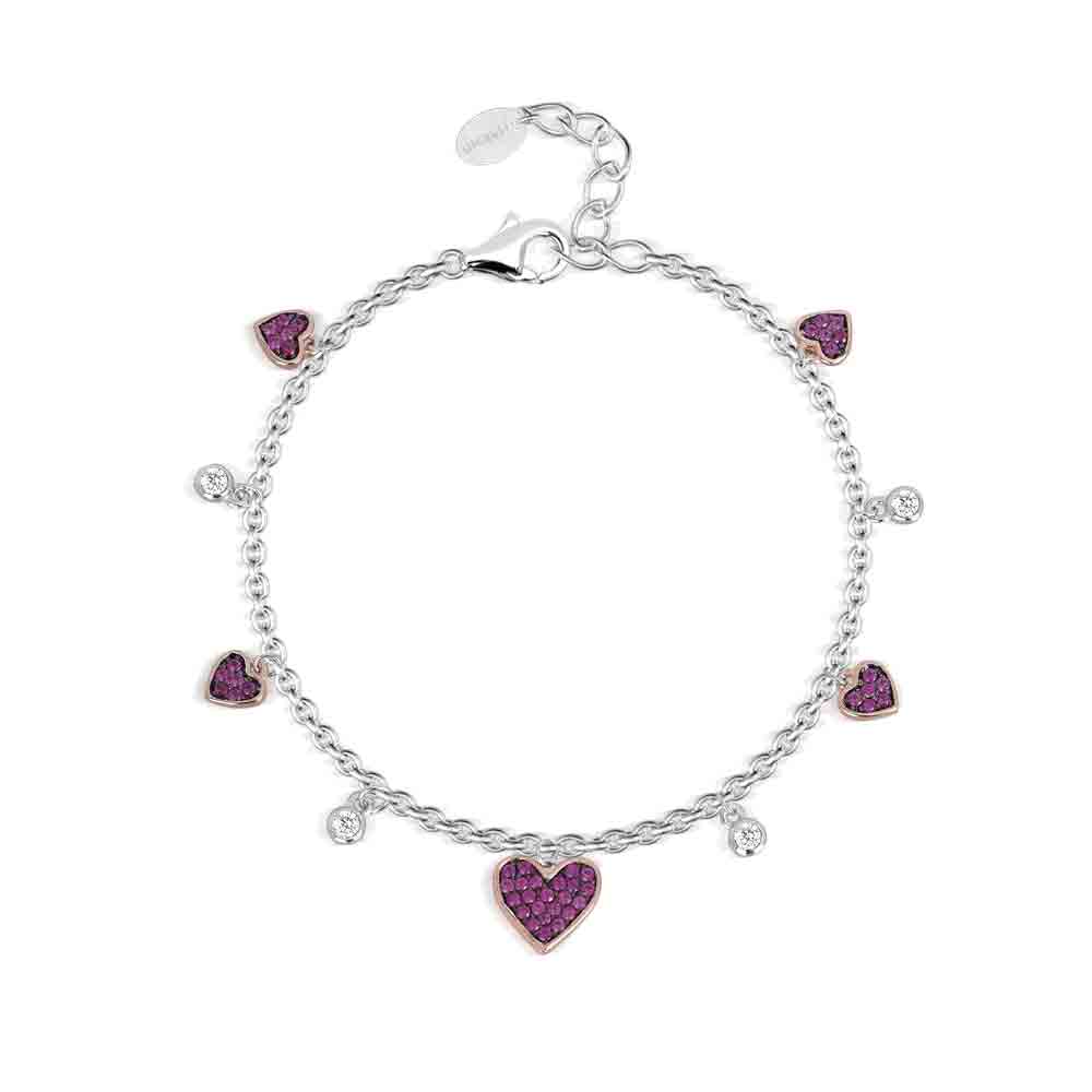 Bracciale in argento bicolore con cuori rosati in pavé di rubini sintetici alternati a punti luce in zircone Mabina Gioielli